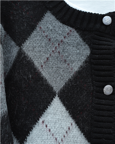 Düğmeli Kare Desenli Çift Kat Triko Hırka -Siyah