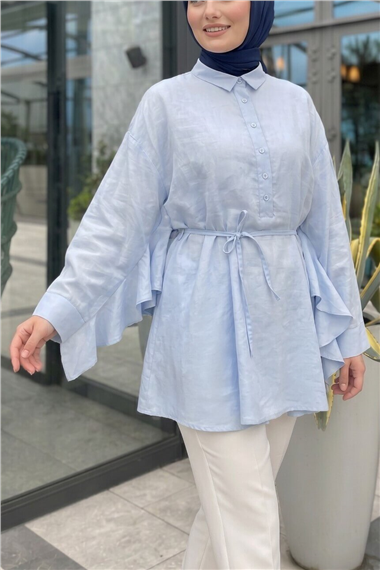 Düğmeli Kemerli Yarasa Kol Volanlı Oversize Modal Tunik  -Bebe Mavi