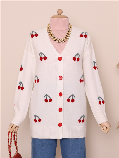 Düğmeli Kiraz İşlemeli Ara Boy Yumoş Hırka -Ekru