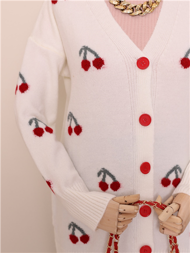 Düğmeli Kiraz İşlemeli Ara Boy Yumoş Hırka -Ekru