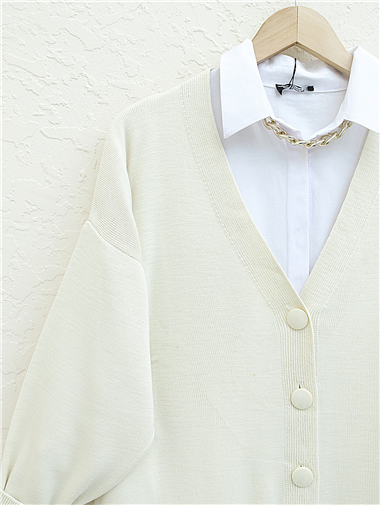 Düğmeli Kışlık Tesettür Triko Hırka -Taş