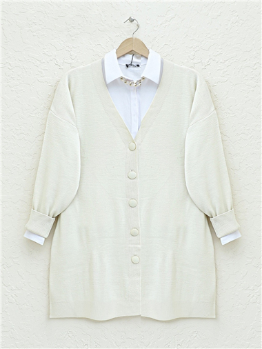 Düğmeli Kışlık Tesettür Triko Hırka -Taş