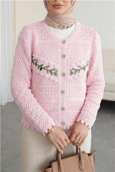 Düğmeli Önü Nakışlı Ajurlu Triko Hırka  -Pembe