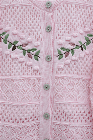 Düğmeli Önü Nakışlı Ajurlu Triko Hırka  -Pembe