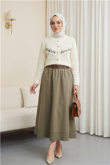 Düğmeli Önü Nakışlı Ajurlu Triko Hırka -Ekru