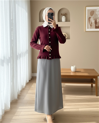 Düğmeli Önü Ve Eteği Fırfırlı Hırka -Bordo