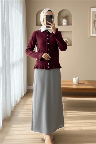Düğmeli Önü Ve Eteği Fırfırlı Hırka -Bordo