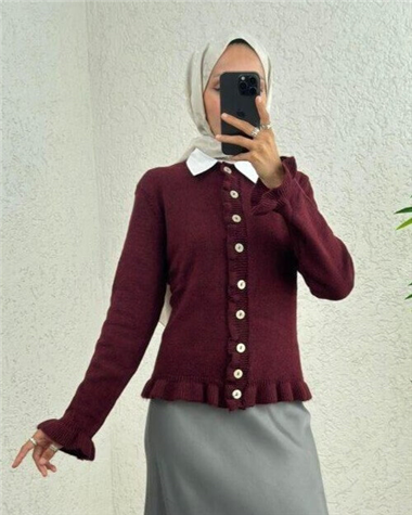 Düğmeli Önü Ve Eteği Fırfırlı Hırka -Bordo