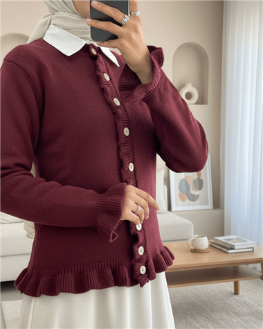 Düğmeli Önü Ve Eteği Fırfırlı Hırka -Bordo