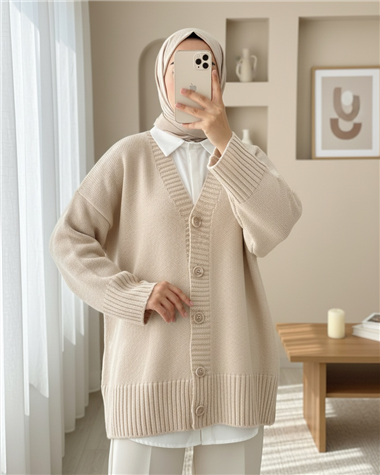 Düğmeli Oversize Triko Hırka -Bej