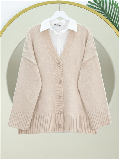 Düğmeli Oversize Triko Hırka -Bej