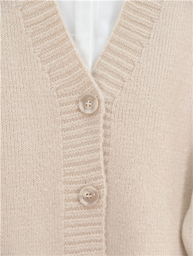 Düğmeli Oversize Triko Hırka -Bej
