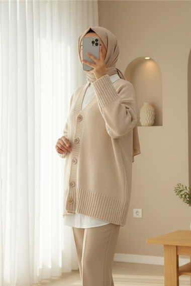 Düğmeli Oversize Triko Hırka -Bej