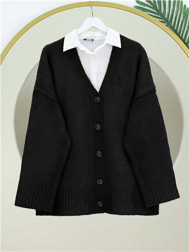 Düğmeli Oversize Triko Hırka -Siyah