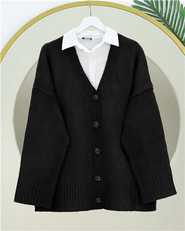 Düğmeli Oversize Triko Hırka -Siyah