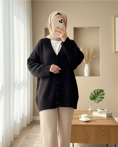 Düğmeli Oversize Triko Hırka -Siyah