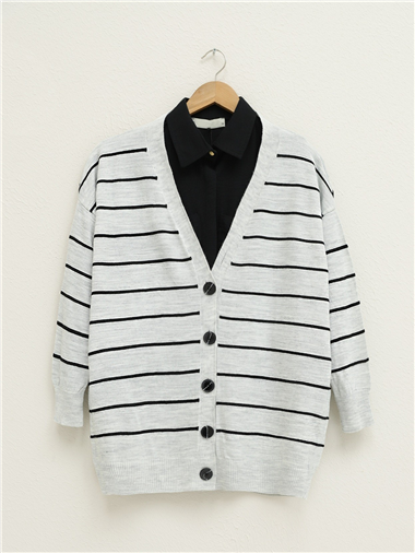 Düğmeli Salaş Triko Hırka -Açık Gri