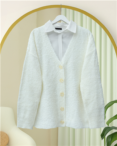 Düğmeli Salaş Triko Hırka -Beyaz