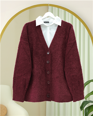 Düğmeli Salaş Triko Hırka -Bordo