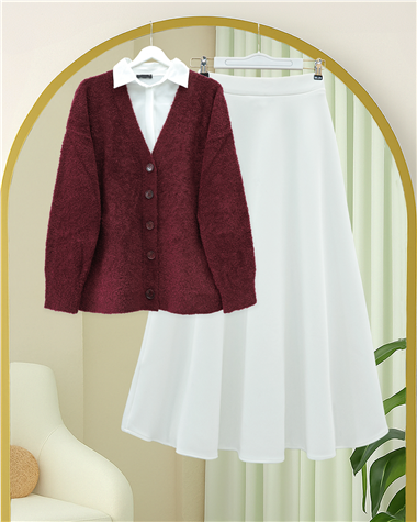 Düğmeli Salaş Triko Hırka -Bordo