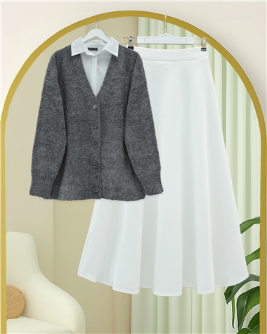 Düğmeli Salaş Triko Hırka -Füme