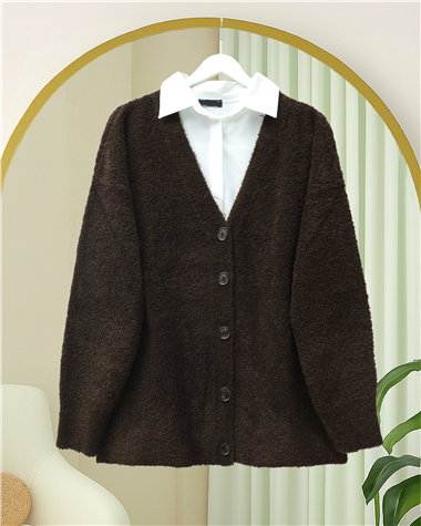 Düğmeli Salaş Triko Hırka -K. Kahve