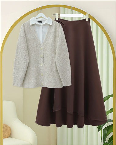 Düğmeli Salaş Triko Hırka -Taş