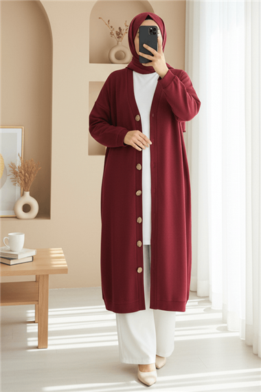 Düğmeli Selanik Uzun Hırka -Bordo