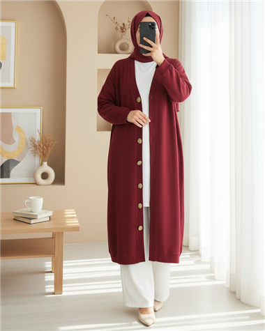 Düğmeli Selanik Uzun Hırka -Bordo