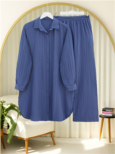 Düğmeli Uzun Pantolonlu Krinkıl Takım  -İndigo