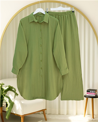 Düğmeli Uzun Pantolonlu Krinkıl Takım   -A.Yeşil