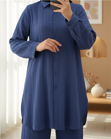 Düğmeli Uzun Pantolonlu Krinkıl Takım  -İndigo