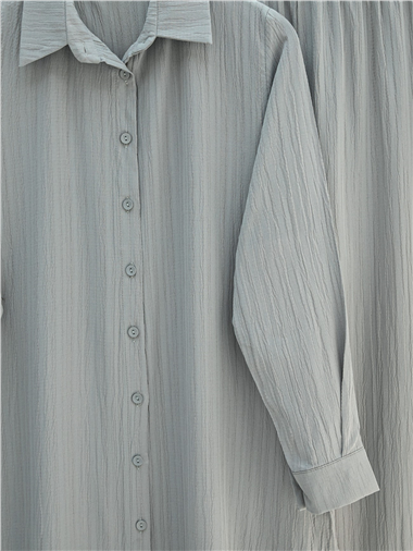 Düğmeli Uzun Pantolonlu Krinkıl Takım  -Gri