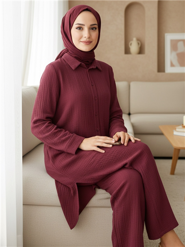 Düğmeli Uzun Pantolonlu Krinkıl Takım  -Bordo