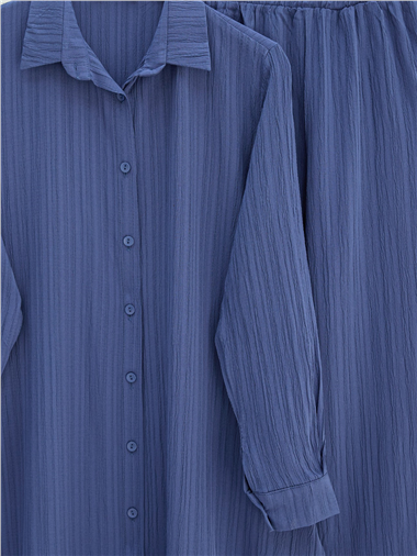 Düğmeli Uzun Pantolonlu Krinkıl Takım  -İndigo