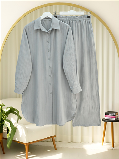 Düğmeli Uzun Pantolonlu Krinkıl Takım  -Gri