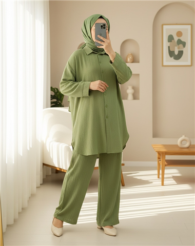 Düğmeli Uzun Pantolonlu Krinkıl Takım   -A.Yeşil