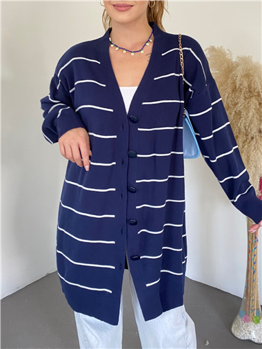 Düğmeli Uzun Triko Hırka -Lacivert