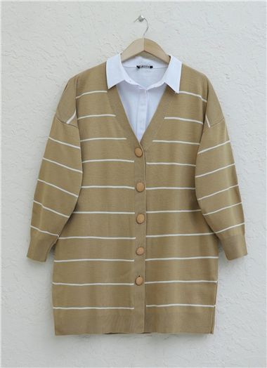 Düğmeli Uzun Triko Hırka -Vizon