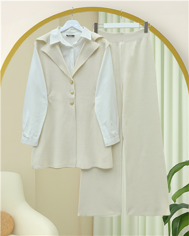 Düğmeli V Yaka Yelek Pantolon Triko Takım -Krem