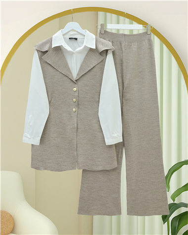 Düğmeli V Yaka Yelek Pantolon Triko Takım -Açık Vizon