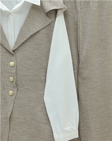 Düğmeli V Yaka Yelek Pantolon Triko Takım -Açık Vizon