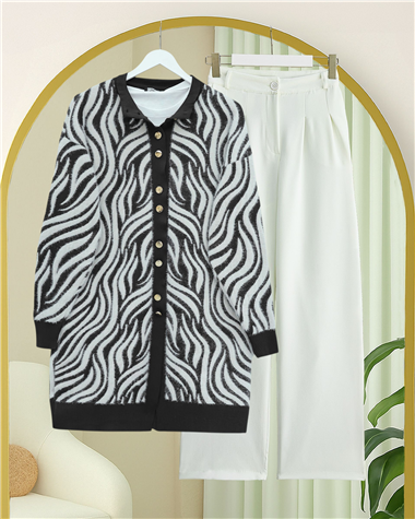 Düğmeli Zebra Desen Sakallı Triko Hırka -Siyah