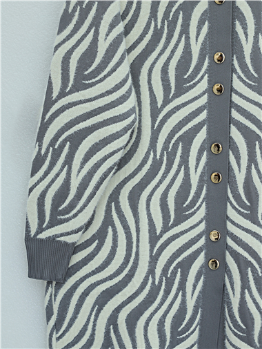 Düğmeli Zebra Desen Sakallı Triko Hırka -Gri