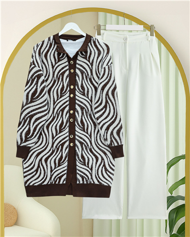 Düğmeli Zebra Desen Sakallı Triko Hırka -Kahve