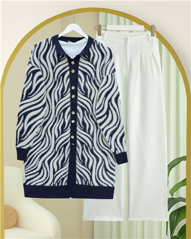 Düğmeli Zebra Desen Sakallı Triko Hırka -Laci