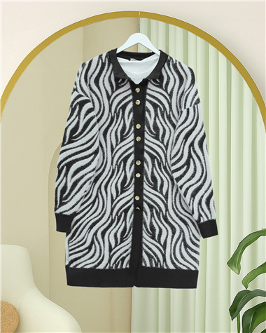 Düğmeli Zebra Desen Sakallı Triko Hırka -Siyah