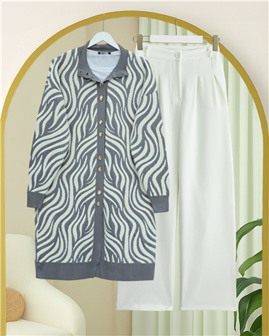 Düğmeli Zebra Desen Sakallı Triko Hırka -Gri