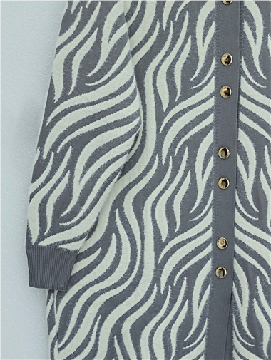 Düğmeli Zebra Desen Sakallı Triko Hırka -Gri