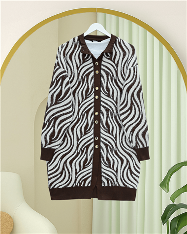 Düğmeli Zebra Desen Sakallı Triko Hırka -Kahve